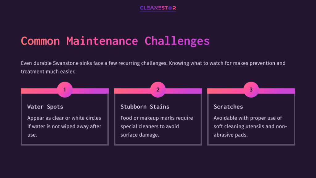 4 Common Maintenance Challenges Text Layout On A Dark Background. Sections Labeled: “Water Spots,” “Stubborn Stains,” And “Scratches,” Each Detailing Cleaning Challenges For Swanstone Sinks.