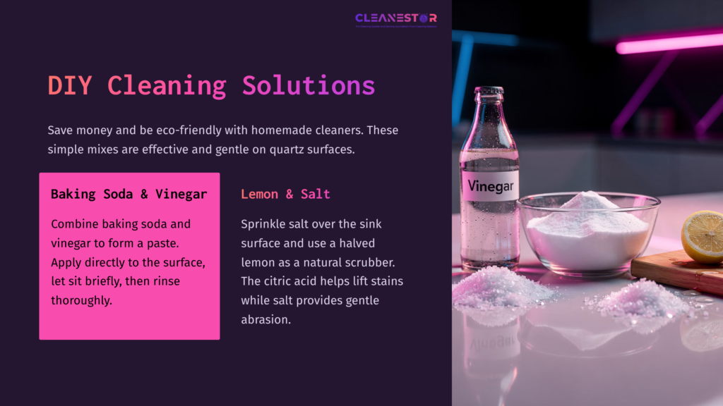 A Quartz Sink Cleaning Guide Featuring A Bottle Of Vinegar, A Bowl Of Baking Soda, And A Bowl Of Salt With Sprinkled Materials On A Dark Backdrop.