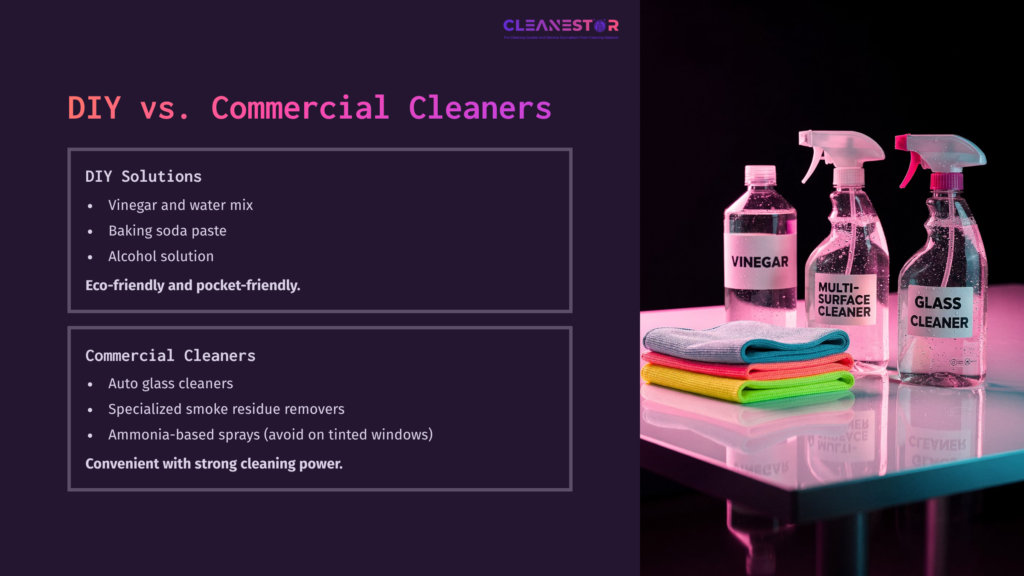 A Clean, Reflective Surface Displays Bottles Labeled 'Vinegar' And 'Glass Cleaner,' Alongside Colorful Cloths And A Comparison Table.