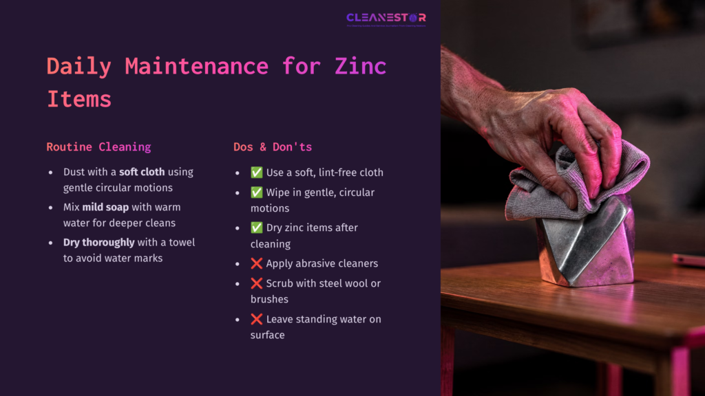A Cloth Is Wiping A Zinc Item On A Wooden Surface, With Cleaning Tips And Dos And Don'Ts In Bold Text Beside It, Highlighted In Purples And Pinks.