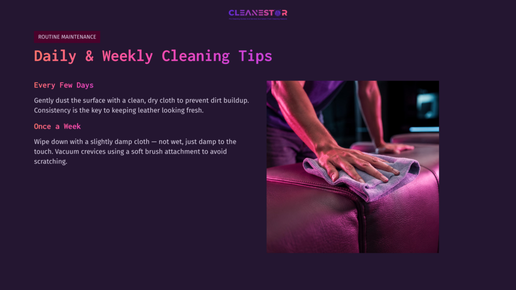 Person Wiping A Leather Sofa With A Clean Cloth, Set Against A Dark Purple Background, With Cleaning Tips In A Modern Font.