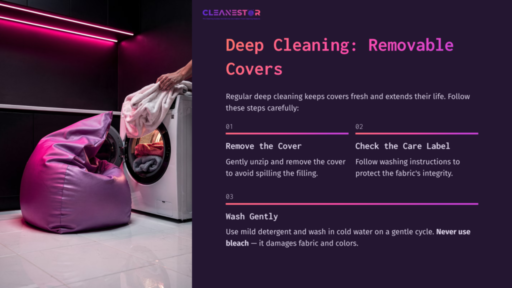 A Person Removing A Pink Bean Bag Cover Near A Washing Machine With Instructions On Deep Cleaning. Background Features Pink Lighting.