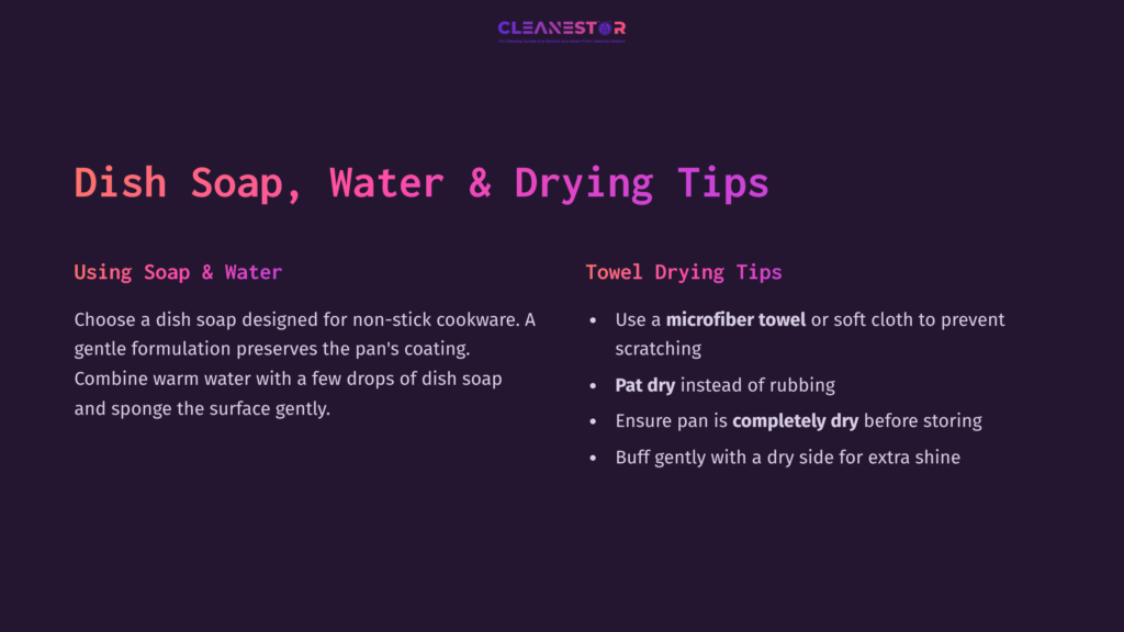 4 Dish Soap Water And Drying Tips Text On A Dark Purple Background, Listing Tips For Cleaning Gotham Steel Pans With Dish Soap, Water, And Towel Drying Methods.