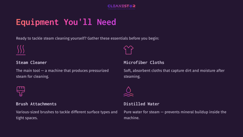 Purple Background With White Text Listing Steam Cleaning Equipment: Steam Cleaner, Microfiber Cloths, Brush Attachments, And Distilled Water.