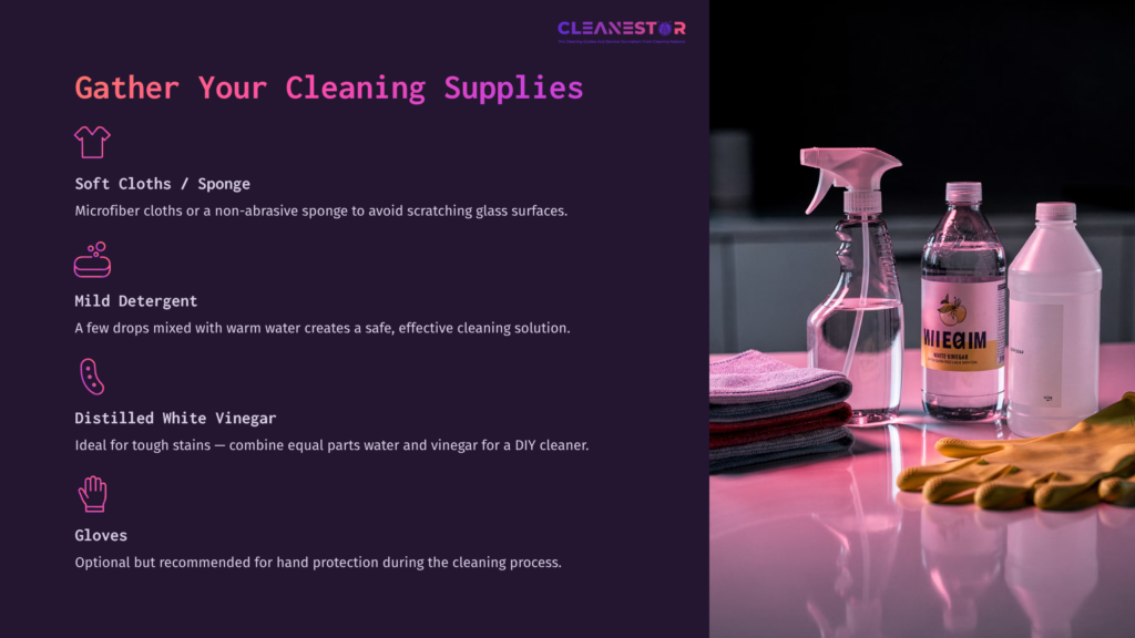 Cleaning Supplies Arranged On A Pink Surface: Microfiber Cloths, A Spray Bottle, Detergent, Vinegar, And Gloves For Safe Cleaning.