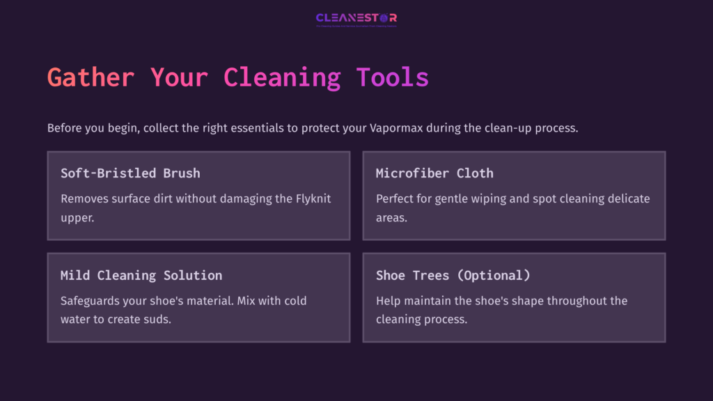 Dark Background With White And Colored Text Boxes Outlining Cleaning Tools For Vapormax: Brush, Cloth, Cleaning Solution, And Shoe Trees.