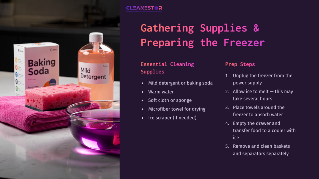 4 Gathering Supplies And Preparing The Freezer 1 Cleaning Supplies Including Baking Soda, Mild Detergent, And A Pink Microfiber Towel, With A Dark Background And Clear Prep Steps.