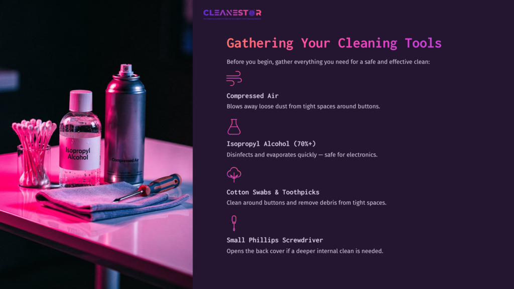 4 Gathering Your Cleaning Tools A Darkened Surface Displays Cleaning Tools: A Silver Can Of Compressed Air, A Bottle Of Isopropyl Alcohol, Cotton Swabs, Toothpicks, And A Small Screwdriver, All Lit With Purple And Pink Hues.
