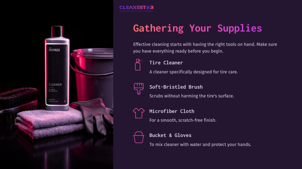 Supplies For Tire Cleaning: Tire Cleaner Bottle, Soft-Bristled Brush, Microfiber Cloth, Bucket, And Gloves On A Dark Background.