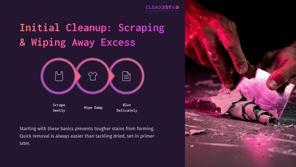 Hand Scraping Primer Residue From A Floor With A Pink-Hued Light, Accompanied By Icons For Scraping, Wiping, And Blotting.
