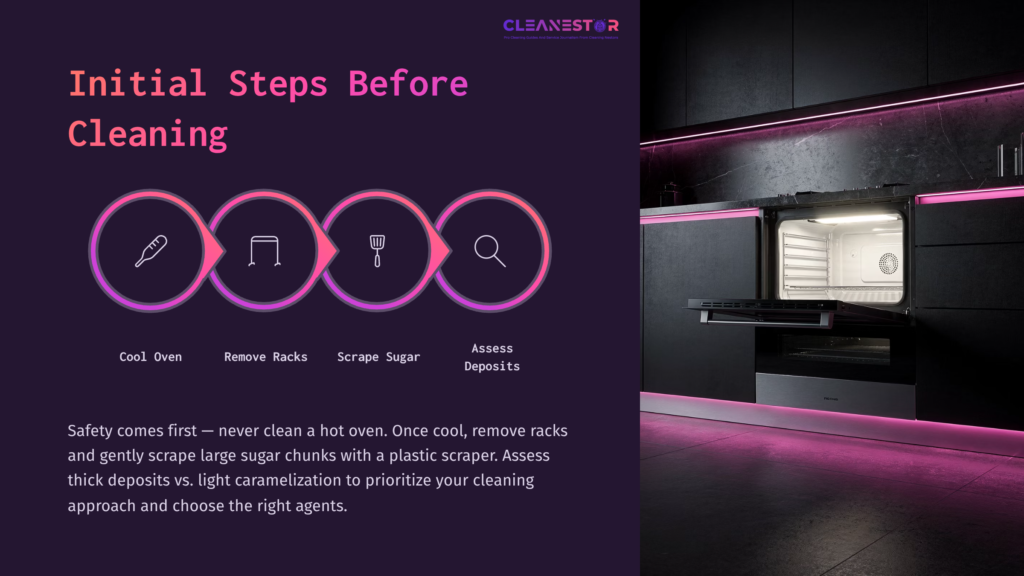 A Sleek Modern Kitchen With A Black Oven And Purple Lighting, Featuring Icons For Cooling, Removing Racks, Scraping Sugar, And Assessing Deposits.