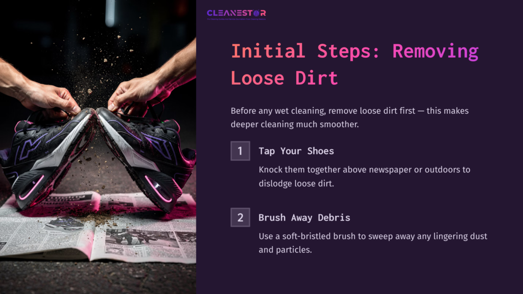 Close-Up Of Hands Tapping Sneaker Soles Together Over A Newspaper, With Dirt And Debris Falling. Text On The Left Outlines Cleaning Steps.