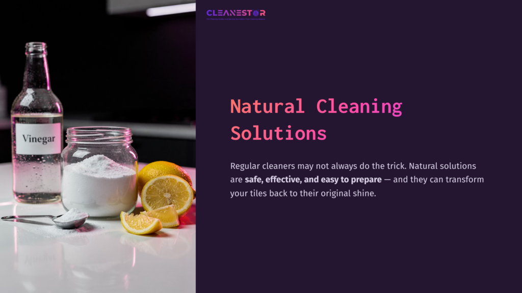 4 Natural Cleaning Solutions A Bottle Of Vinegar, A Jar Of Baking Soda, And Sliced Lemons On A Countertop, Highlighting Natural Cleaning Solutions For Tiles.