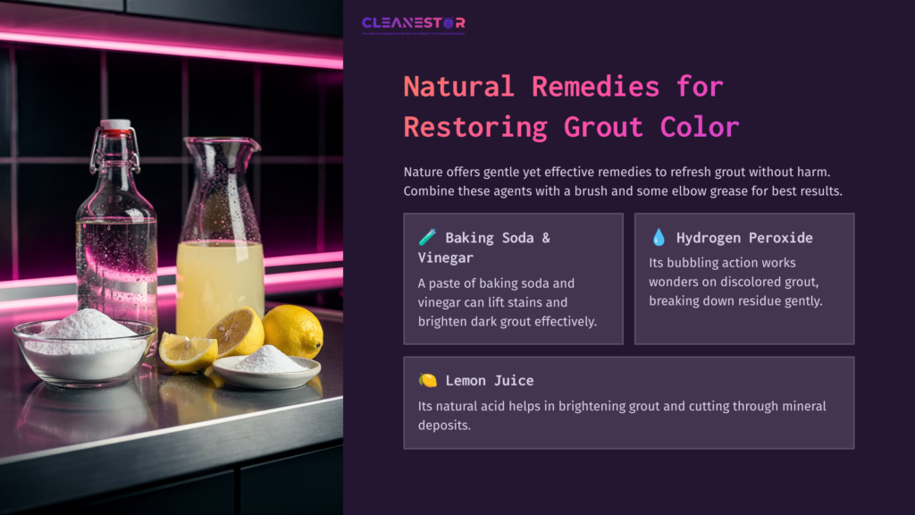 Two Glass Bottles Filled With Liquid, Lemon Halves, And A Bowl Of Baking Soda On A Metallic Surface, With Colorful Lighting In The Background.