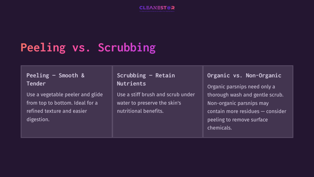 Comparative Infographic Detailing Methods For Cleaning Parsnips: Peeling Vs. Scrubbing, With Headings In Pink On A Dark Purple Background.