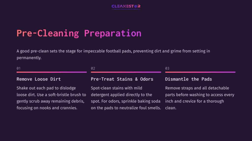 Preparation Steps For Cleaning Football Pads: Tips On Removing Dirt, Treating Stains, And Dismantling Pads. Text On A Dark Background.