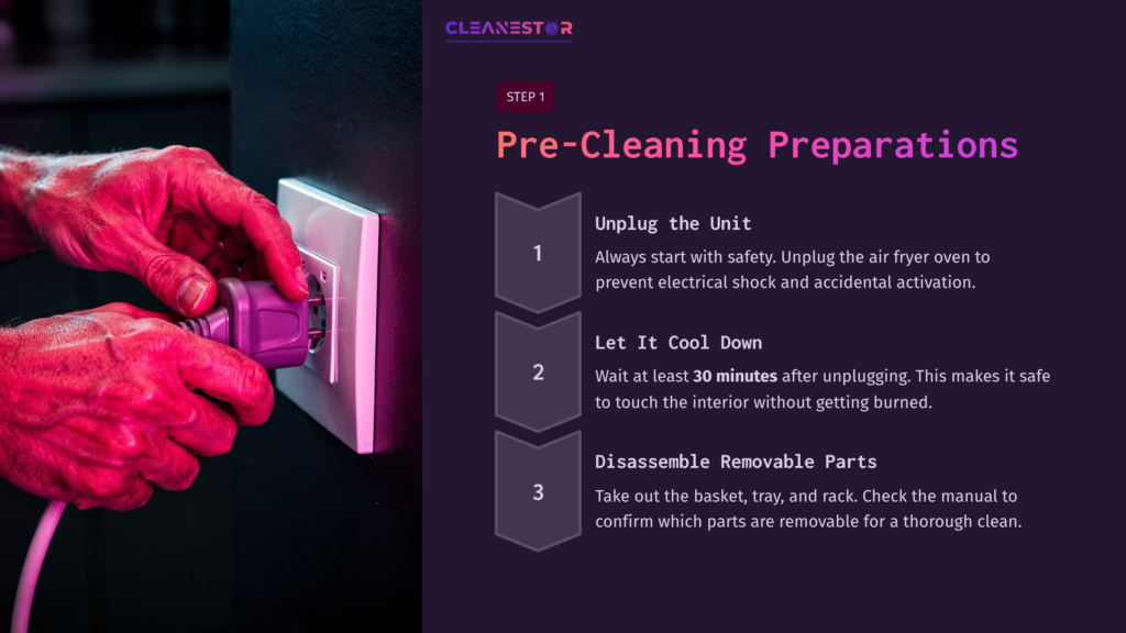 4 Pre Cleaning Preparations A Hand Unplugging An Air Fryer From A Wall Outlet, With Steps For Pre-Cleaning Preparation Listed In Purple Text On The Right.