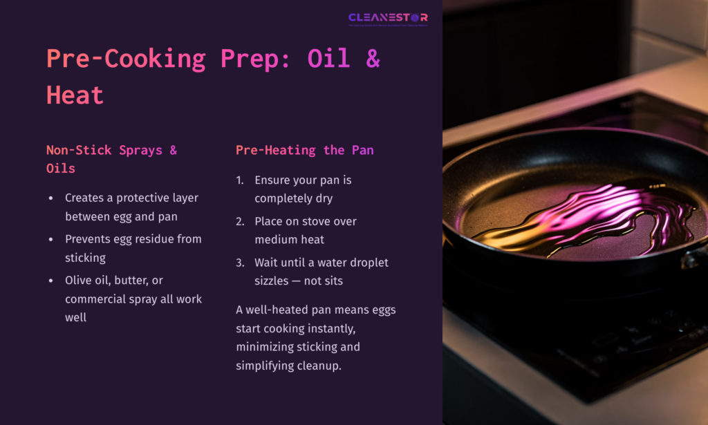 A Black Frying Pan On A Stovetop With Colorful Oil Swirls, Alongside Text Tips On Pre-Cooking Prep For Non-Stick Cooking.