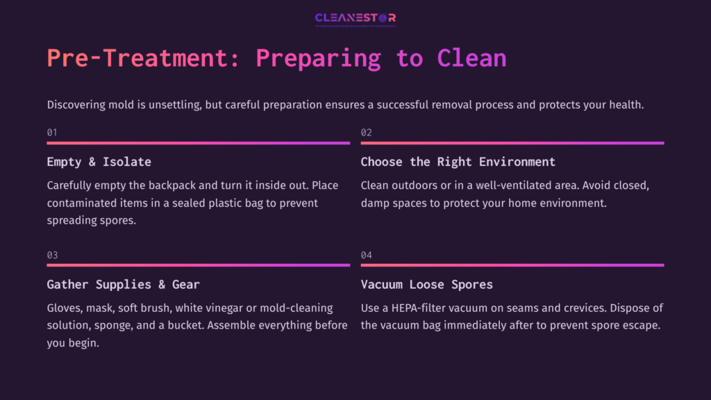 Checklist For Cleaning Mold From A Backpack, Featuring Sections For Pre-Treatment Steps, Including Supplies And Safety Tips On A Dark Purple Background.