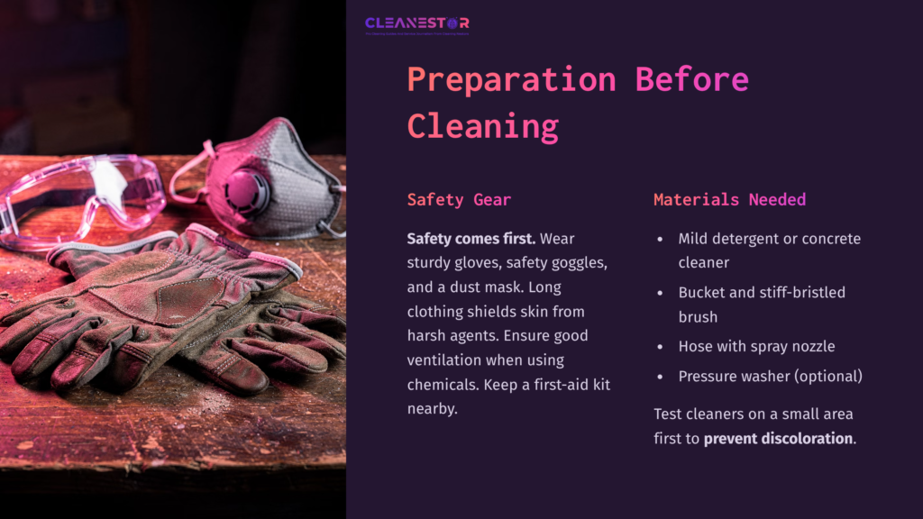 Protective Gloves, Goggles, And A Mask On A Table, Alongside A Bucket And Brush, With Cleaning Supplies Listed In Bold Text.