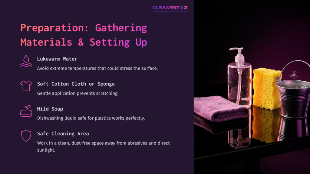 4 Preparation Gathering Materials And Setting Up 1 Arrangement Of Cleaning Supplies: A Bottle Of Lukewarm Water, A Spray Bottle, A Soft Cloth, And A Sponge On A Dark Background.