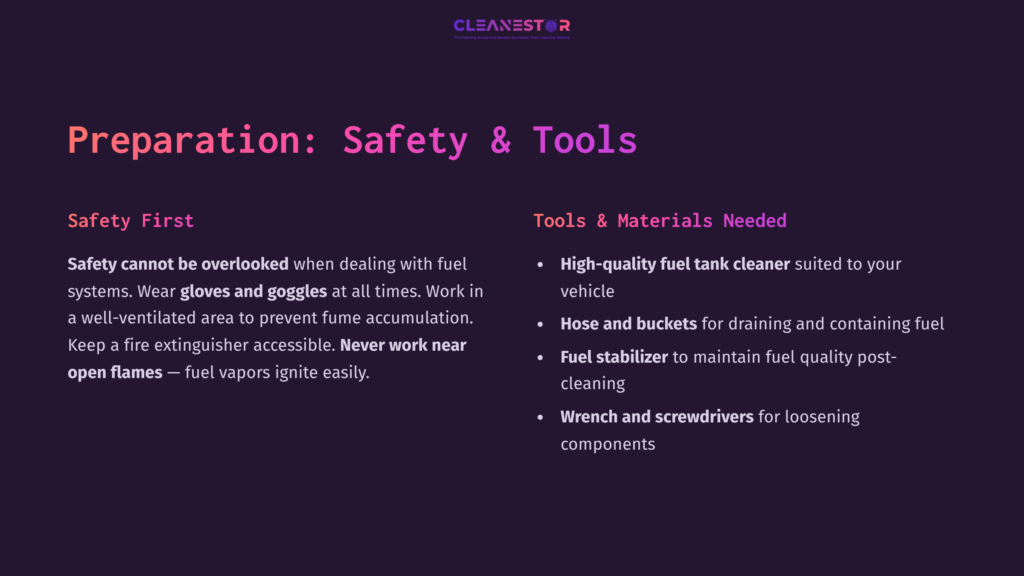 Purple Background With White And Pink Text Detailing Safety Tips And Tools For Cleaning A Fuel Tank, Including A Cleaner, Hose, And Tools.
