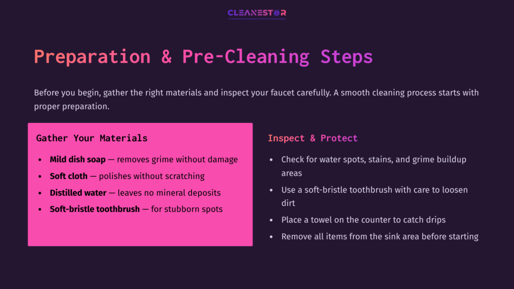 Bright Pink Box Lists Cleaning Materials For Brushed Gold Faucets, Surrounded By Key Steps In White Text On A Dark Background.