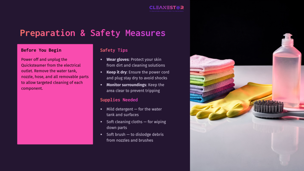 4 Preparation And Safety Measures Purple And Pink Background With Cleaning Tips, Including Safety Instructions And Supplies Needed, Alongside Colorful Cloths And A Bottle.