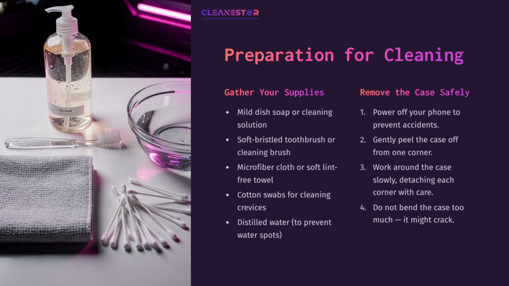 Clear Phone Case Cleaning Instructions With Supplies: A Bottle Of Cleaning Solution, A Bowl, Cotton Swabs, And A Towel.