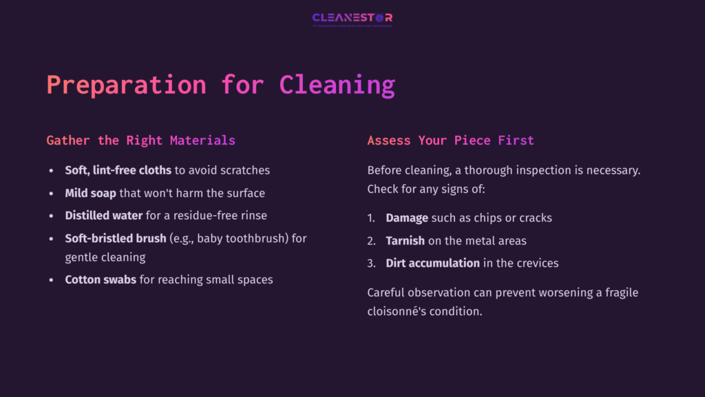 Text On A Dark Purple Background Detailing Steps For Cleaning Cloisonné, With Sections On Materials And Inspection Tips.