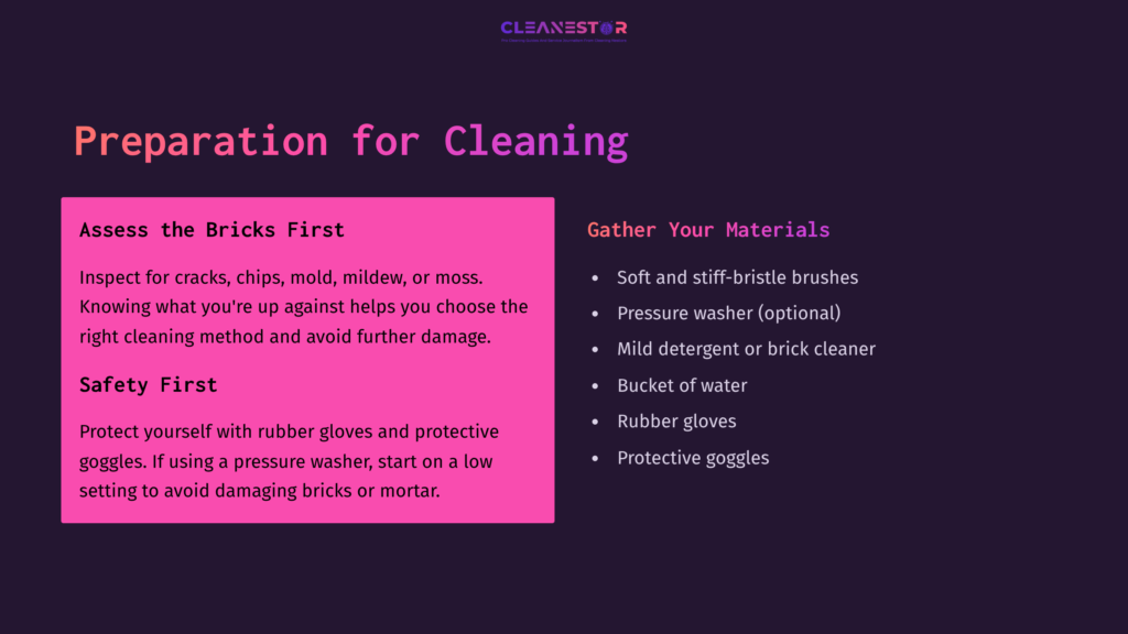 Text On A Pink Background Outlines Steps And Materials For Cleaning Landscaping Bricks, Including Assessments And Safety Precautions.
