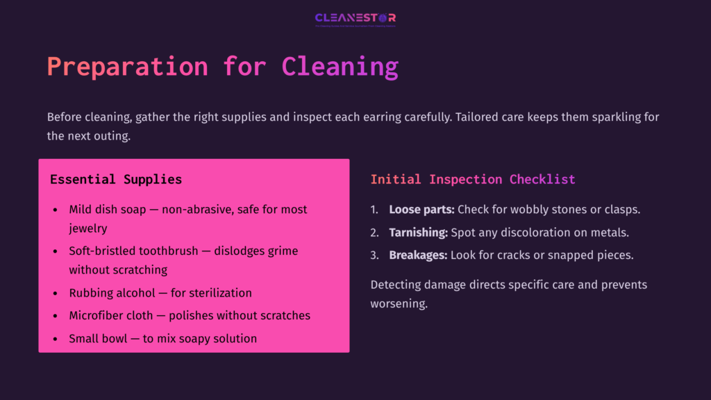 4 Preparation For Cleaning 4 Bullet-Point Checklist For Cleaning Thrift Earrings, Featuring A Colorful Pink And Purple Layout With Essential Supplies And Inspection Tips.