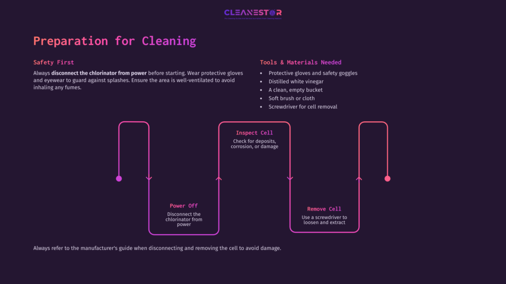 Flowchart Detailing Steps For Cleaning A Saltwater Chlorinator Cell, Featuring Sections For Safety, Tools, Inspection, Power Off, And Removal.