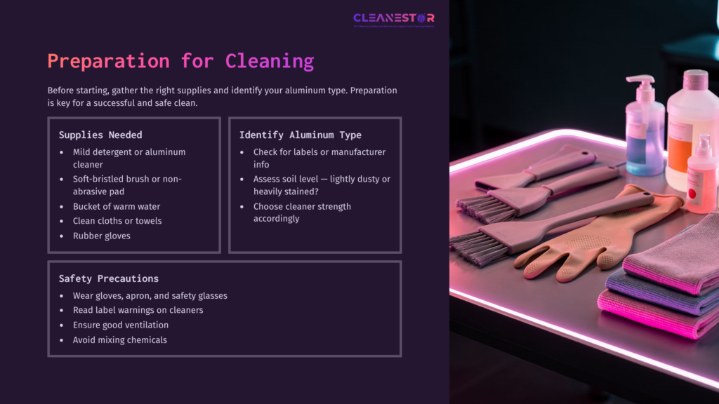 On A Dark Purple Background, Cleaning Supplies Are Neatly Arranged, Including A Brush, Cloths, And Rubber Gloves, With Highlighted Tips For Aluminum Cleaning.