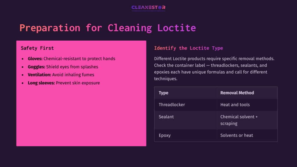 Bright Pink Safety Guidance Box On The Left, Detailing Protective Measures. Right Side Lists Loctite Types With Removal Methods In Dark Purple Background.