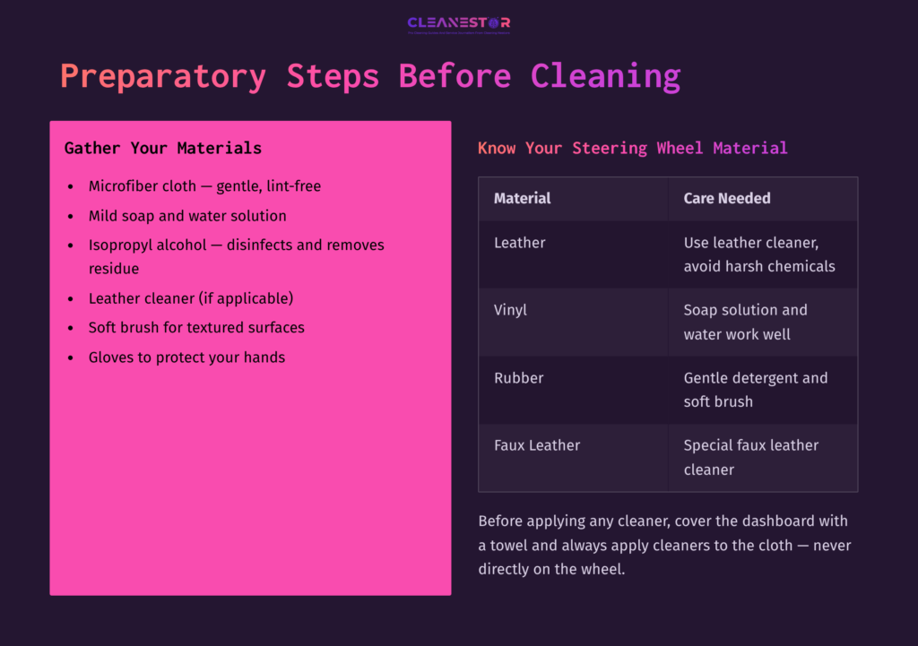 Infographic Detailing Cleaning Materials For A Steering Wheel, With Sections On Types Of Materials And Recommended Care Methods.