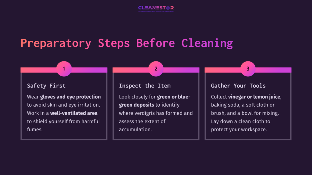 Instructions On Cleaning Verdigris, Featuring Safety Tips, Item Inspection Details, And Tool Gathering Steps In A Colorful Layout.