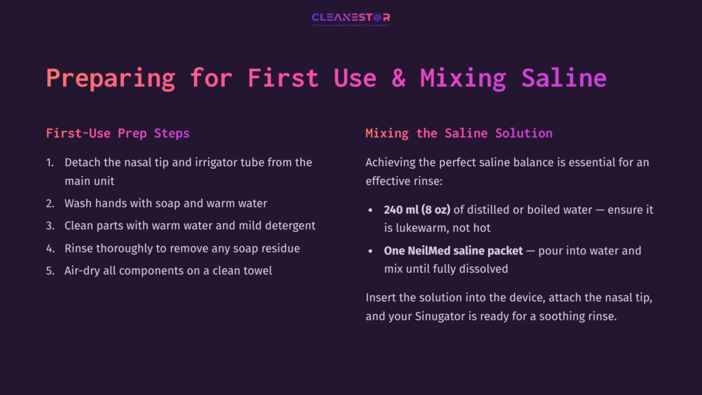 4 Preparing For First Use And Mixing Saline Instructions On Cleaning And Mixing Saline For The Neilmed Sinugator, Featuring Bullet Points In Purple Text On A Dark Background.