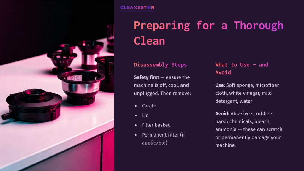 4 Preparing For A Thorough Clean Disassembled Coffee Maker Parts On A Countertop, Including A Carafe, Lid, And Filter Basket, With Cleaning Instructions On The Side.