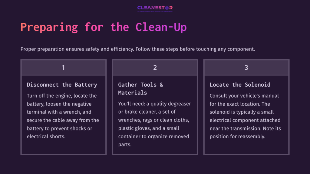 4 Preparing For The Clean Up Instructions For Cleaning A Shift Solenoid, Featuring Three Steps With Numbered Sections, Bold Headers, And A Dark Background.