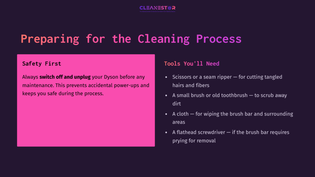 Text On A Dark Background With A Bold Pink Box Titled &Quot;Preparing For The Cleaning Process,&Quot; Listing Safety Tips And Tools Needed For Cleaning A Dyson Brush.