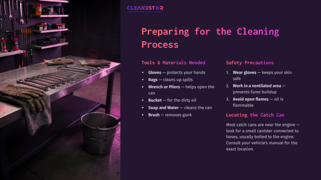 A Workshop Scene Featuring A Metal Table With Tools, A Bucket, Soap, And A Brush, All On A Dark Background With Purple Accents.