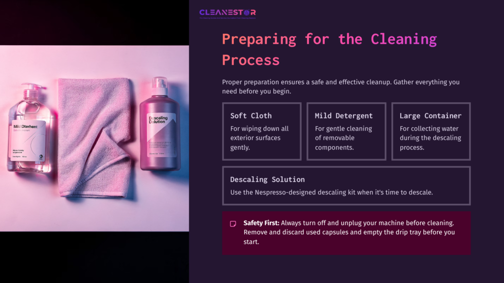 A Pink Towel, A Bottle Of Mild Detergent, And A Descaling Solution Are Arranged Beside A Purple Background With Cleaning Instructions.