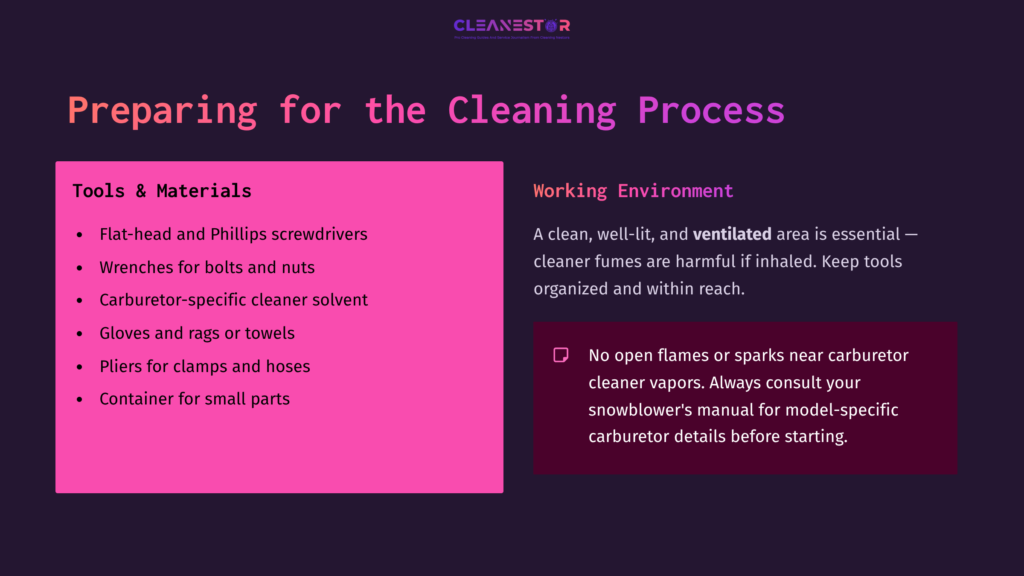 List Of Tools And Materials For Cleaning A Carburetor, Including Screwdrivers, Nuts, Cleaner Solvent, And Safety Tips On A Dark Purple Background.