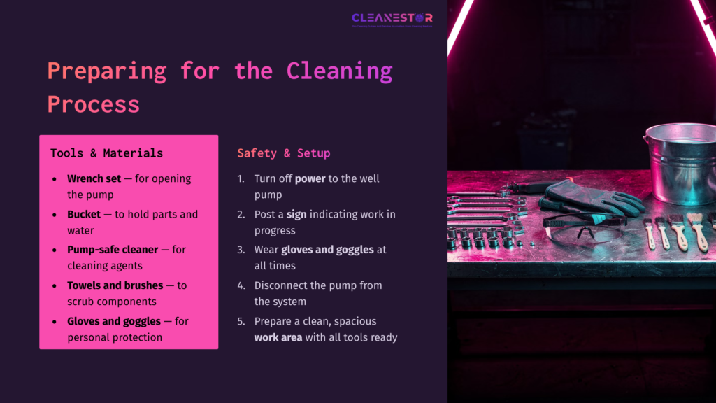 Tools And Materials For Cleaning A Well Pump, Including A Wrench Set, Bucket, Pump-Safe Cleaner, And Gloves, On A Workbench With Safety Tips.