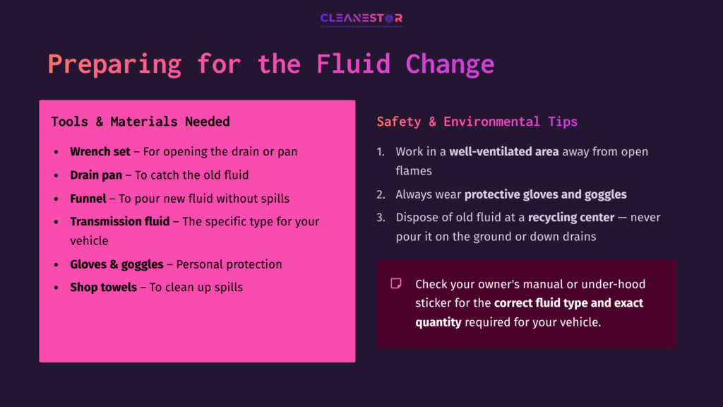 Illustration Of A Checklist For Changing Transmission Fluid, Featuring Tools, Safety Tips, And Environmental Guidelines In Vibrant Colors.