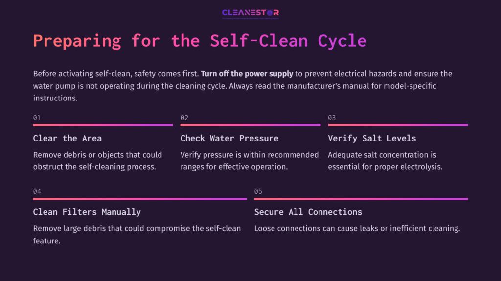 Checklist For The Self-Clean Cycle With Purple And White Text On A Dark Background, Outlining Steps For Preparation And Safety.