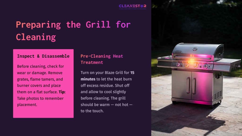A Stainless Steel Blaze Grill With Pink Lighting Is Placed On A Patio, Surrounded By Greenery; Text Outlines Cleaning Preparation Steps.