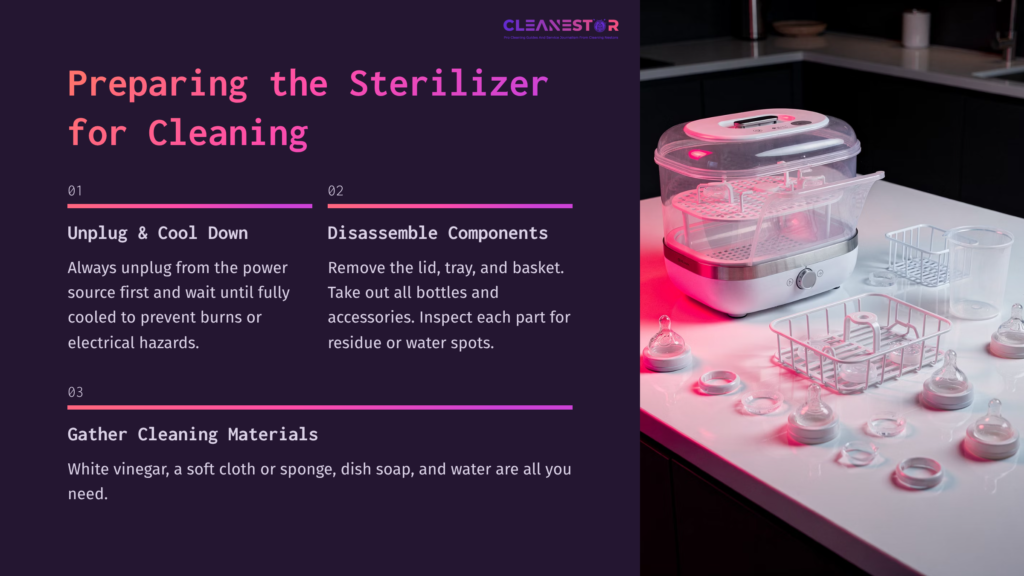 Philips Avent Sterilizer On A Countertop With Cleaning Supplies, Including Bottles And Accessories, And Illuminated In Pink Light.