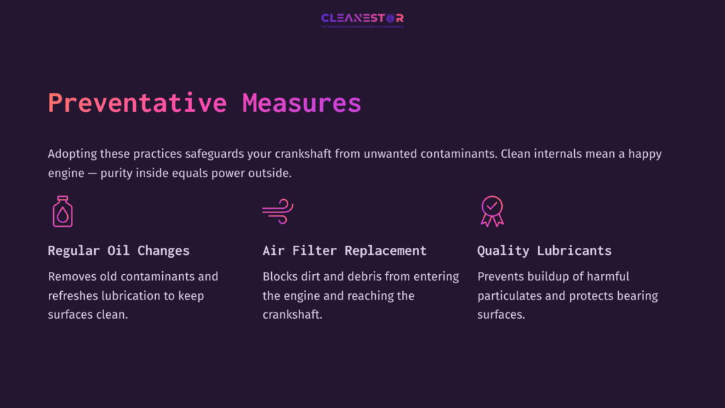 Dark Purple Background With White And Pink Text. Sections Highlight Preventative Measures For Crankshaft Maintenance: Oil Changes, Air Filter Replacement, And Quality Lubricants.